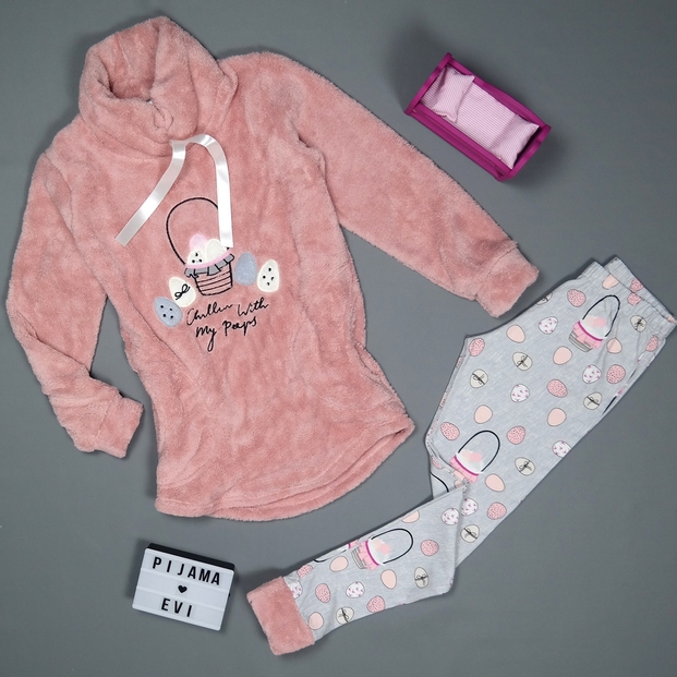 Pudra Sepet Desenli Tam Peluş Pijama Takımı - 2