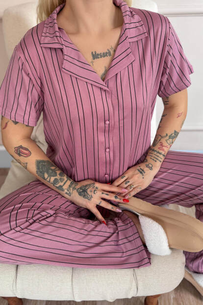 Pudra Silhouette Desenli Bambu Önden Düğmeli Kısa Kol Pijama Takımı - 5
