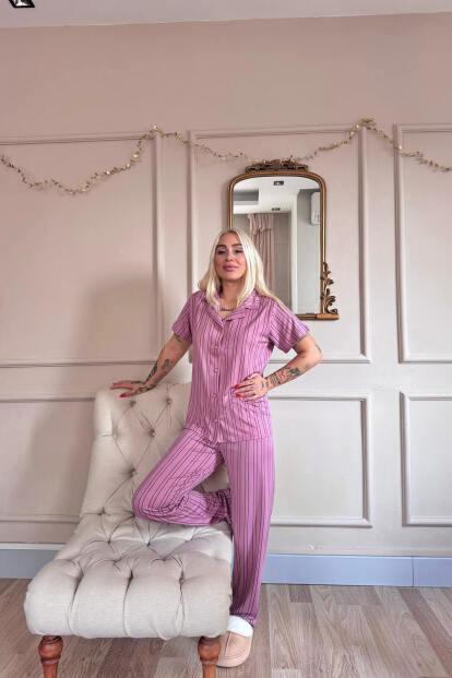 Pudra Silhouette Desenli Bambu Önden Düğmeli Kısa Kol Pijama Takımı - 6