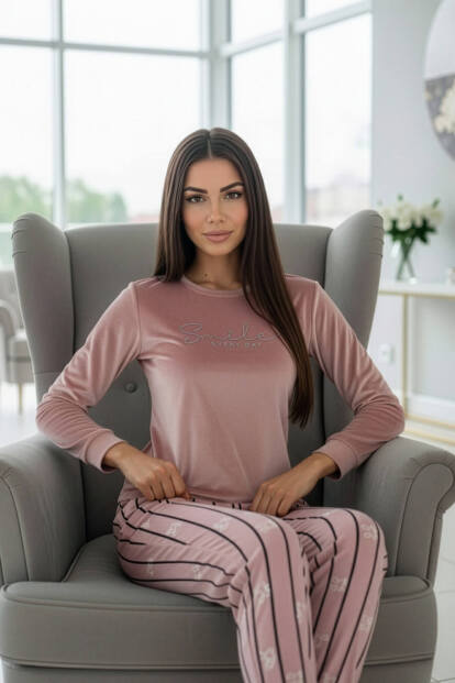 Pudra Smile Desenli Exclusive Kadife Kadın Pijama Takımı - 4