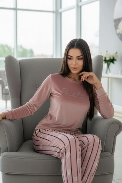 Pudra Smile Desenli Exclusive Kadife Kadın Pijama Takımı - 5