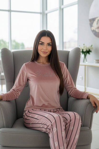 Pudra Smile Desenli Exclusive Kadife Kadın Pijama Takımı - 6