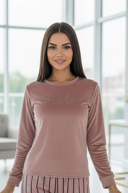 Pudra Smile Desenli Exclusive Kadife Kadın Pijama Takımı - 7