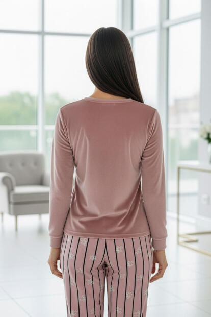 Pudra Smile Desenli Exclusive Kadife Kadın Pijama Takımı - 8