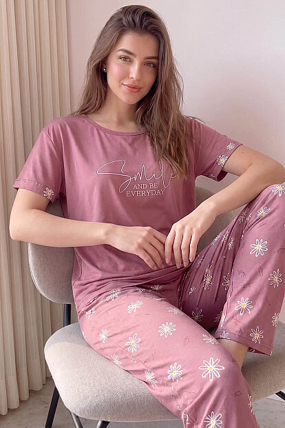 Pudra Smile Everyday Desenli Bambu Kısa Kol Kadın Pijama Takımı 