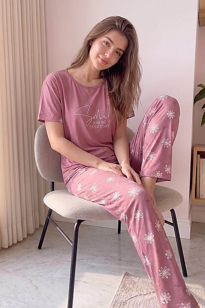 Pudra Smile Everyday Desenli Bambu Kısa Kol Kadın Pijama Takımı - 2