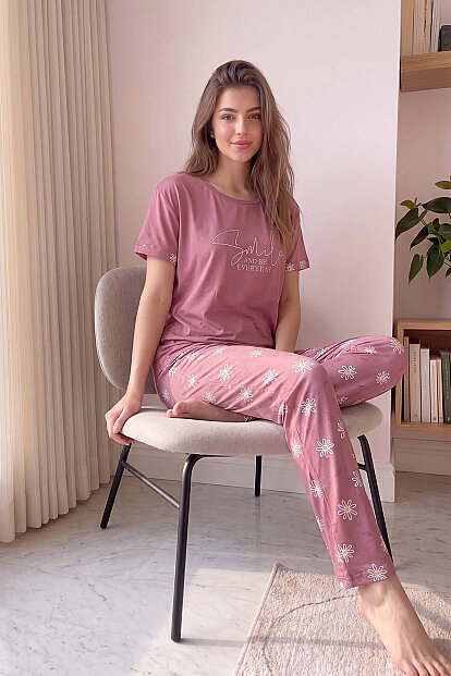 Pudra Smile Everyday Desenli Bambu Kısa Kol Kadın Pijama Takımı - 3