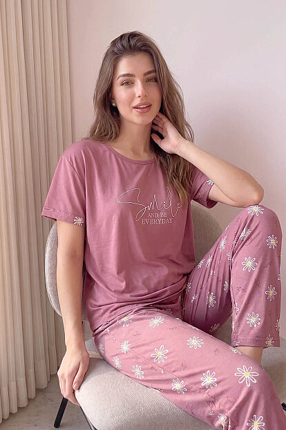Pudra Smile Everyday Desenli Bambu Kısa Kol Kadın Pijama Takımı - 4