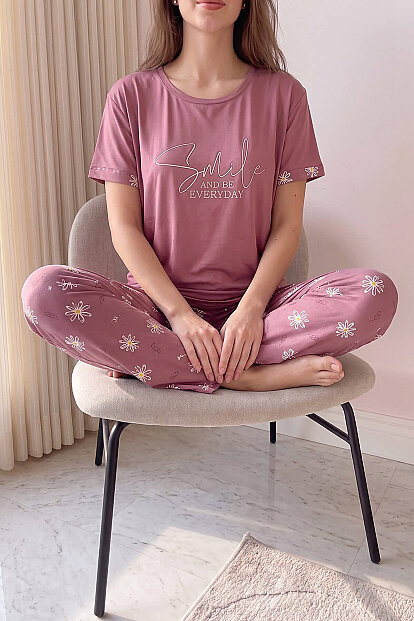Pudra Smile Everyday Desenli Bambu Kısa Kol Kadın Pijama Takımı - 5