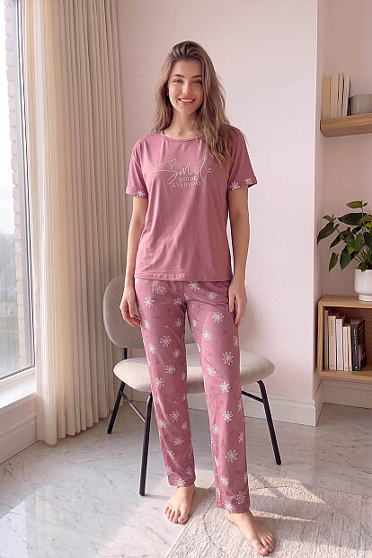 Pudra Smile Everyday Desenli Bambu Kısa Kol Kadın Pijama Takımı - 6