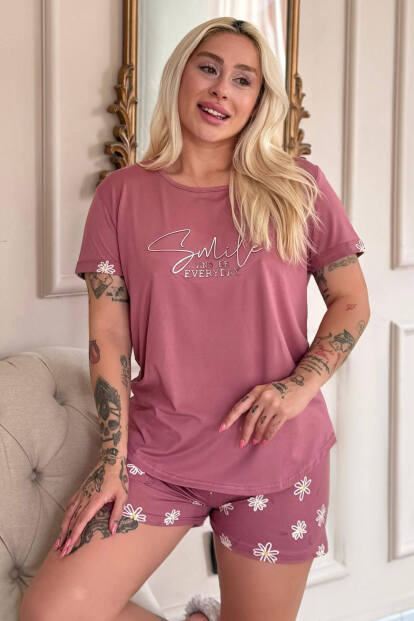 Pudra Smile Everyday Desenli Bambu Kısa Kol Kadın Şortlu Pijama Takımı 