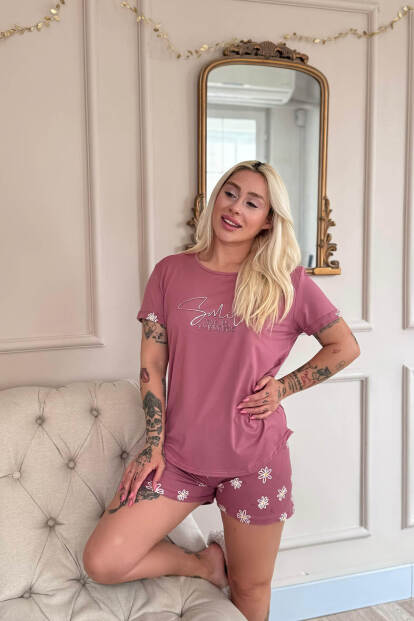 Pudra Smile Everyday Desenli Bambu Kısa Kol Kadın Şortlu Pijama Takımı - 2