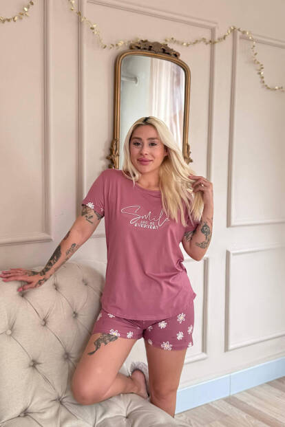 Pudra Smile Everyday Desenli Bambu Kısa Kol Kadın Şortlu Pijama Takımı - 3