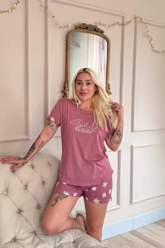 Pudra Smile Everyday Desenli Bambu Kısa Kol Kadın Şortlu Pijama Takımı - Pijamaevi (2)