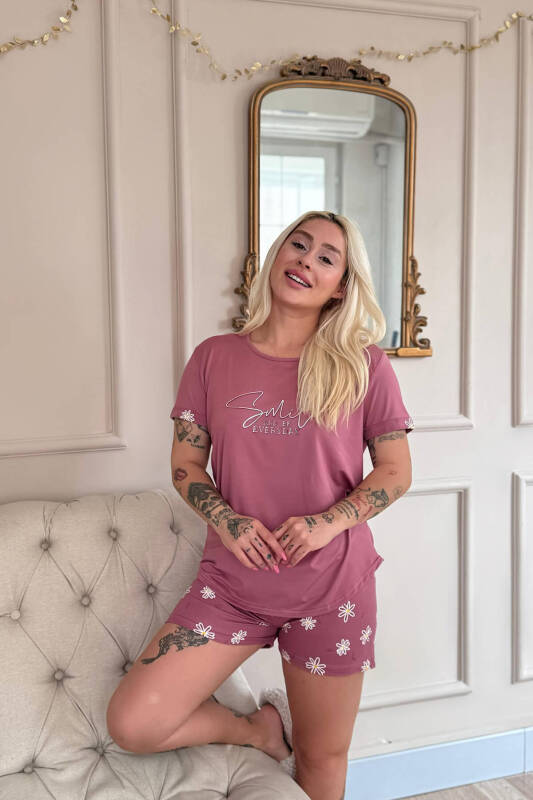 Pudra Smile Everyday Desenli Bambu Kısa Kol Kadın Şortlu Pijama Takımı - Pijamaevi (3)