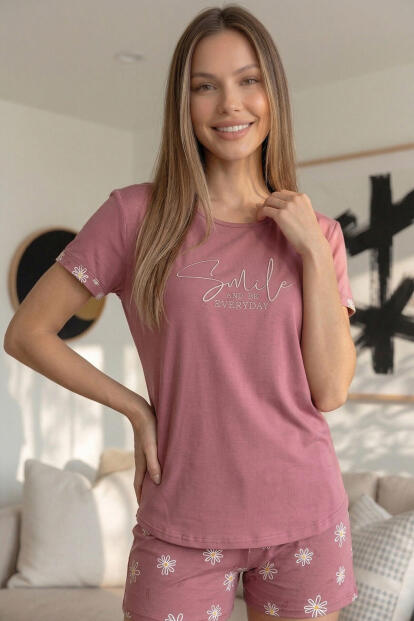 Pudra Smile Everyday Desenli Bambu Kısa Kol Kadın Şortlu Pijama Takımı - 5