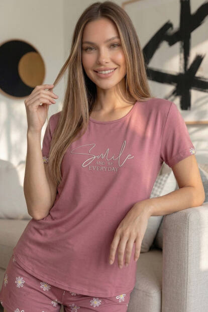 Pudra Smile Everyday Desenli Bambu Kısa Kol Kadın Şortlu Pijama Takımı - 7