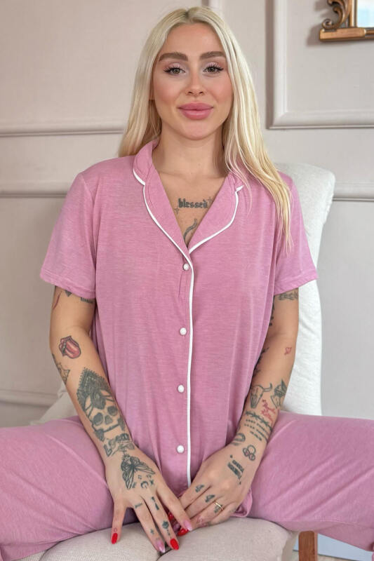 Pudra Sofistic Önden Düğmeli Kısa Kol Kadın Pijama Takımı - Pijamaevi