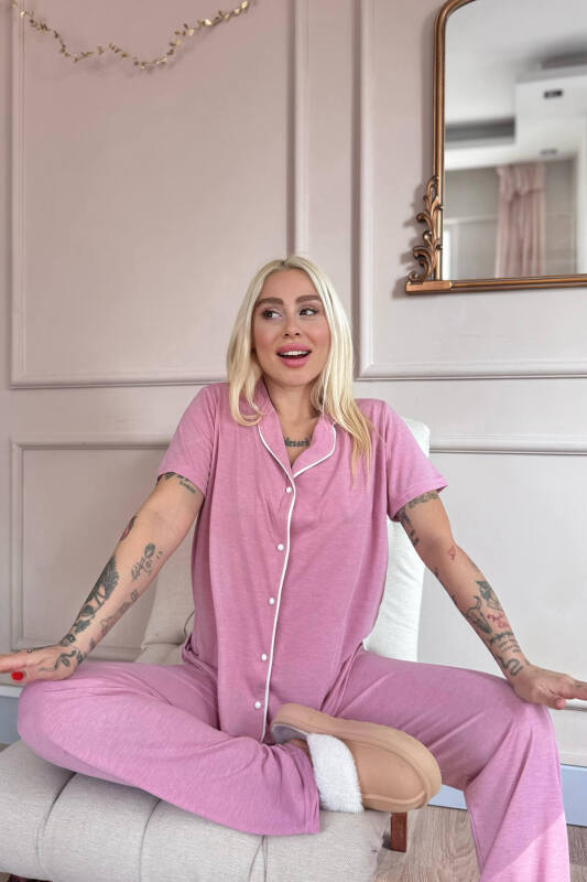 Pudra Sofistic Önden Düğmeli Kısa Kol Kadın Pijama Takımı - Pijamaevi (1)