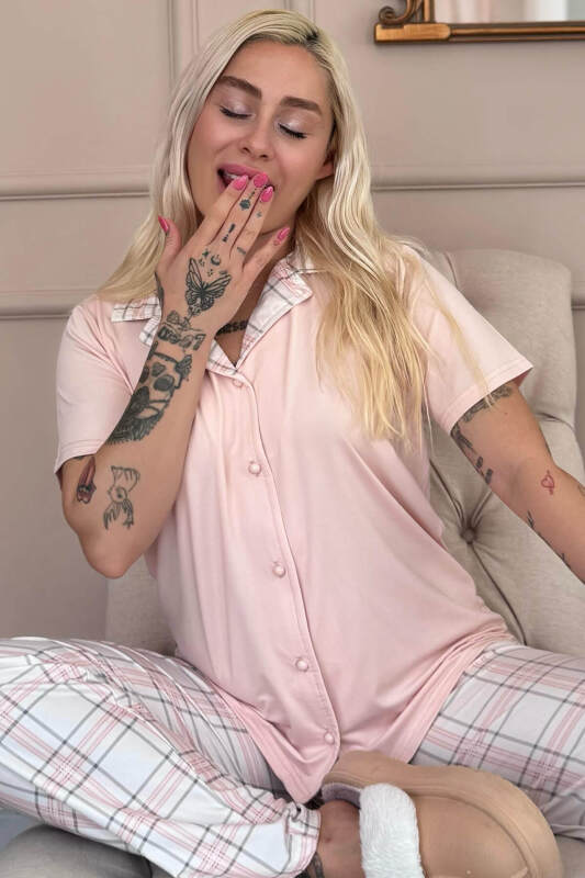 Pudra Soft Check Exclusive Önden Düğmeli Kadın Pijama Takımı - Pijamaevi