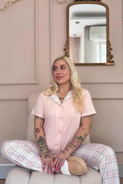 Pudra Soft Check Exclusive Önden Düğmeli Kadın Pijama Takımı - 2