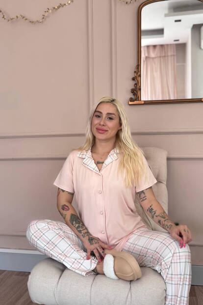 Pudra Soft Check Exclusive Önden Düğmeli Kadın Pijama Takımı - 3