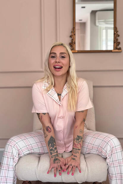 Pudra Soft Check Exclusive Önden Düğmeli Kadın Pijama Takımı - 4