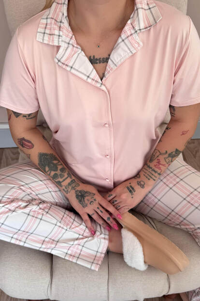 Pudra Soft Check Exclusive Önden Düğmeli Kadın Pijama Takımı - 5