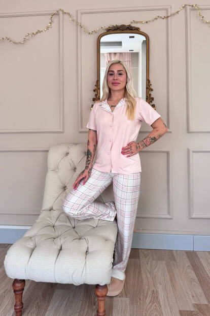 Pudra Soft Check Exclusive Önden Düğmeli Kadın Pijama Takımı - 6