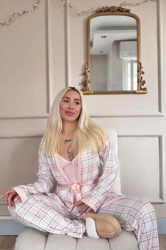 Pudra Soft Check Exclusive Örme Sabahlıklı Kadın Pijama Takım - Pijamaevi (1)