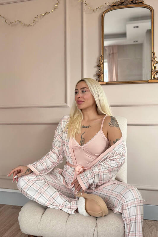 Pudra Soft Check Exclusive Örme Sabahlıklı Kadın Pijama Takım - Pijamaevi (3)