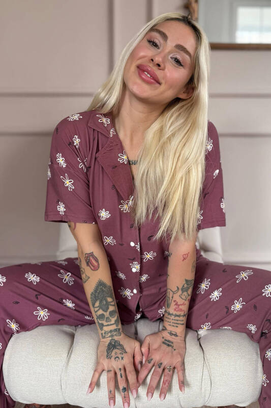 Pudra Soft Daisy Desenli Bambu Önden Düğmeli Kısa Kol Pijama Takımı - Pijamaevi