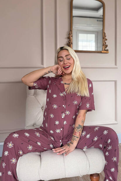 Pudra Soft Daisy Desenli Bambu Önden Düğmeli Kısa Kol Pijama Takımı - 4