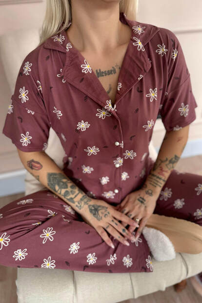 Pudra Soft Daisy Desenli Bambu Önden Düğmeli Kısa Kol Pijama Takımı - 6