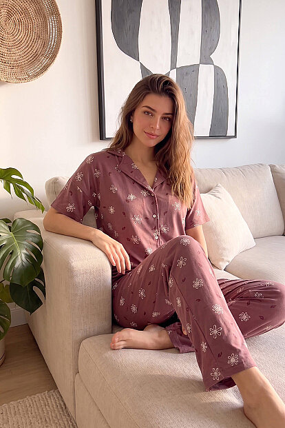 Pudra Soft Daisy Desenli Bambu Önden Düğmeli Kısa Kol Pijama Takımı - 5