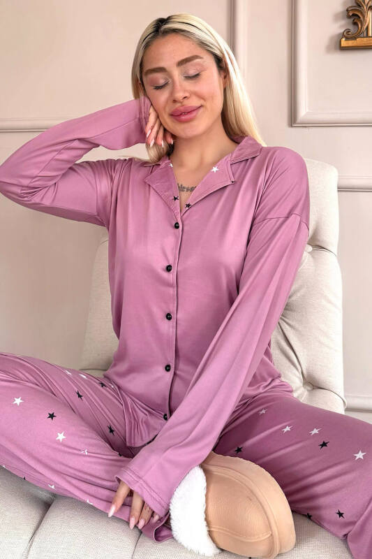 Pudra Stars Desenli Bambu Önden Düğmeli Uzun Kol Kadın Pijama Takımı - Pijamaevi
