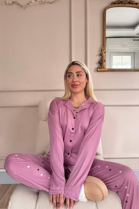 Pudra Stars Desenli Bambu Önden Düğmeli Uzun Kol Kadın Pijama Takımı - Pijamaevi (1)
