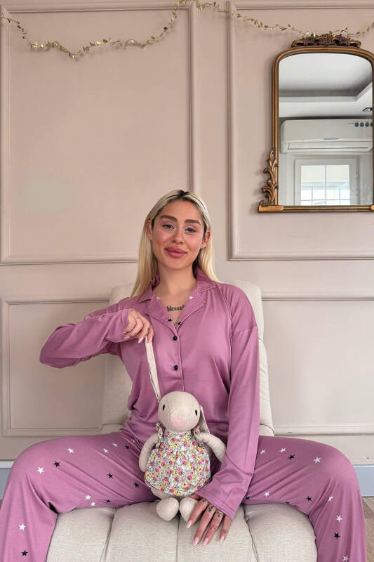 Pudra Stars Desenli Bambu Önden Düğmeli Uzun Kol Kadın Pijama Takımı - Pijamaevi (2)