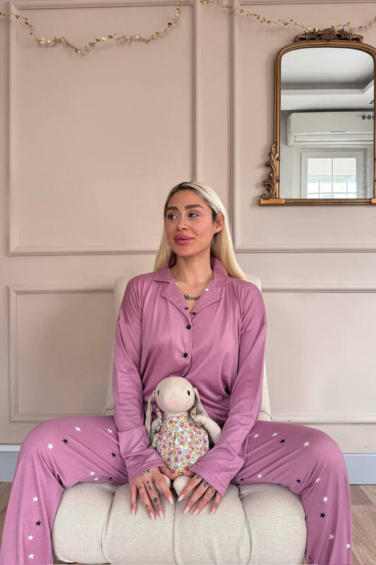 Pudra Stars Desenli Bambu Önden Düğmeli Uzun Kol Kadın Pijama Takımı - Pijamaevi (3)
