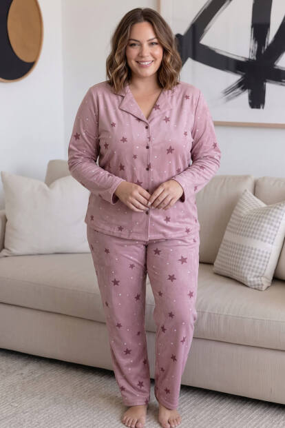 Pudra Stella Önden Düğmeli Battal Büyük Beden Süet Kadın Pijama Takımı  - 5