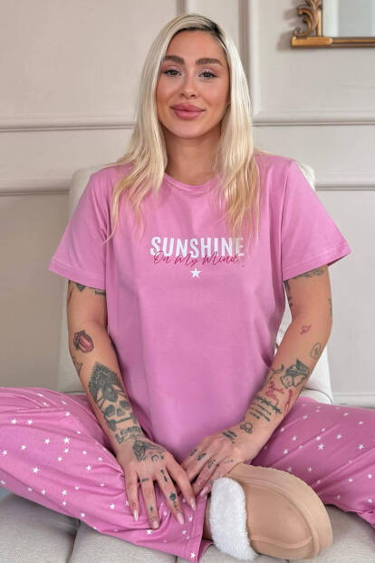 Pudra Sunshine Desenli Pamuk Kısa Kollu Kadın Pijama Takımı - 1