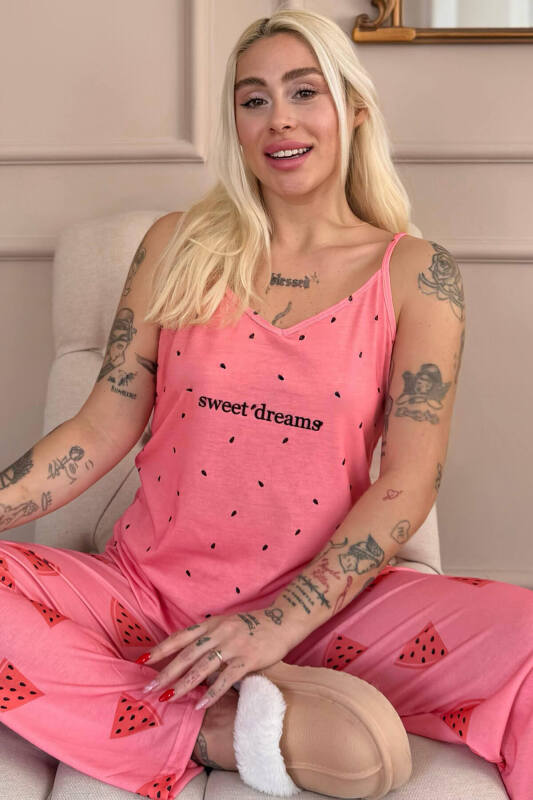 Pudra Sweet Dreams Baskılı Ip Askılı Örme Kadın Pijama Takımı - Pijamaevi
