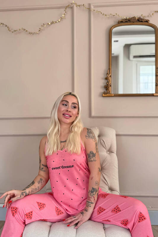 Pudra Sweet Dreams Baskılı Ip Askılı Örme Kadın Pijama Takımı - Pijamaevi (2)