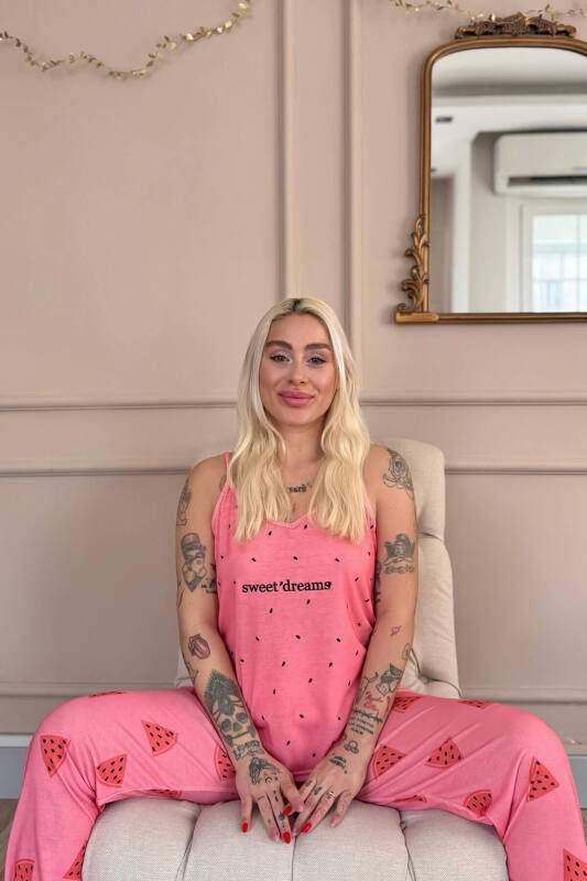 Pudra Sweet Dreams Baskılı Ip Askılı Örme Kadın Pijama Takımı - Pijamaevi (3)