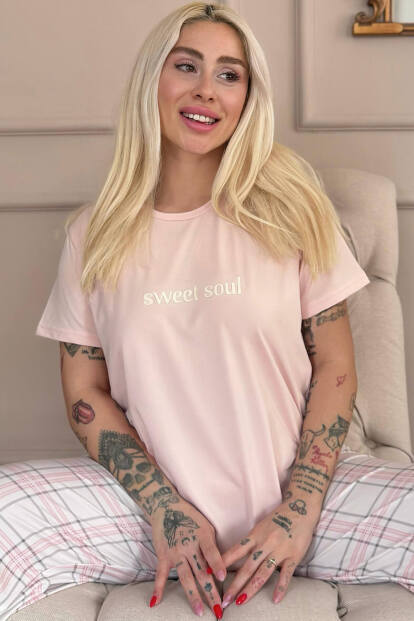 Pudra Sweet Soul Ekose Desenli Kısa Kollu Kadın Pijama Takımı - 7