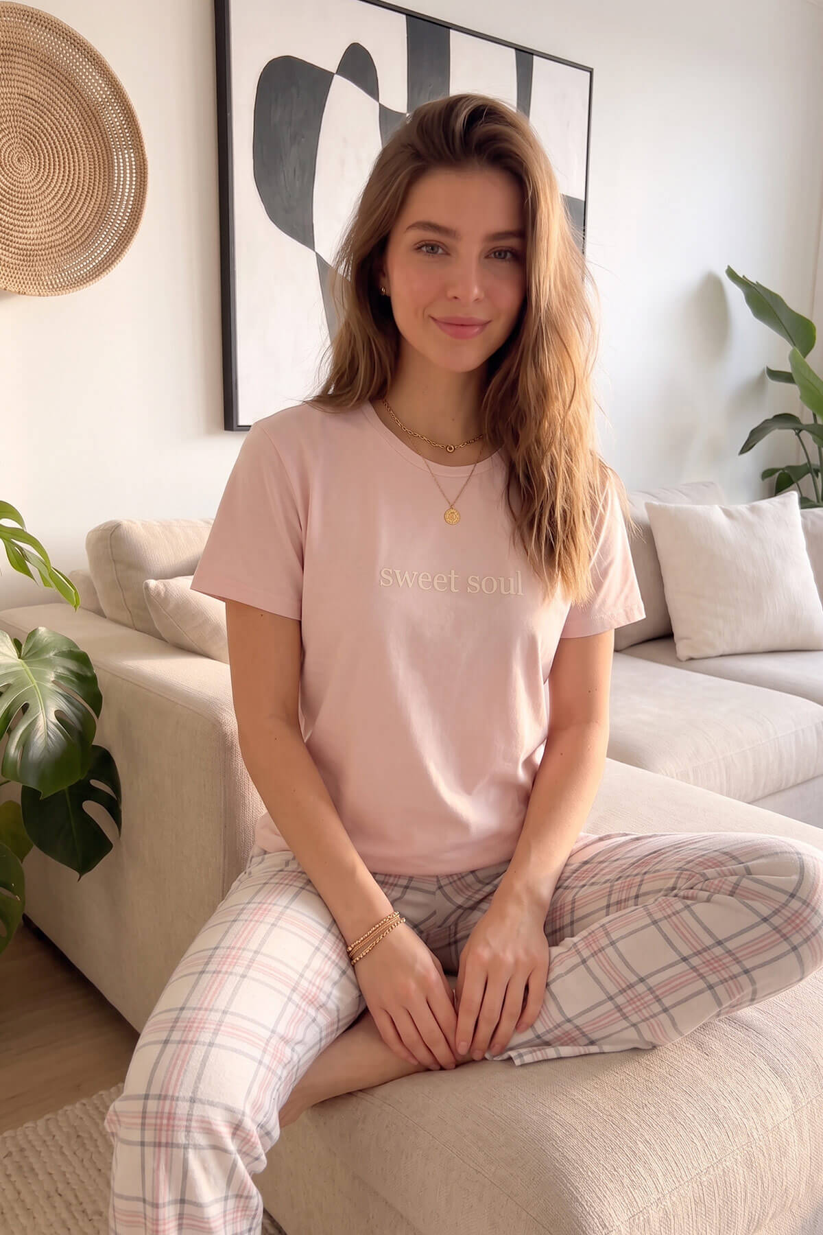 Pudra Sweet Soul Ekose Desenli Kısa Kollu Kadın Pijama Takımı - Pijamaevi (1)