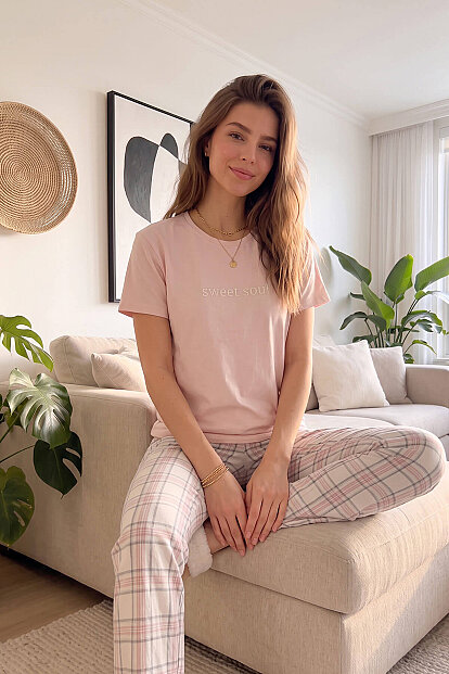 Pudra Sweet Soul Ekose Desenli Kısa Kollu Kadın Pijama Takımı - 3