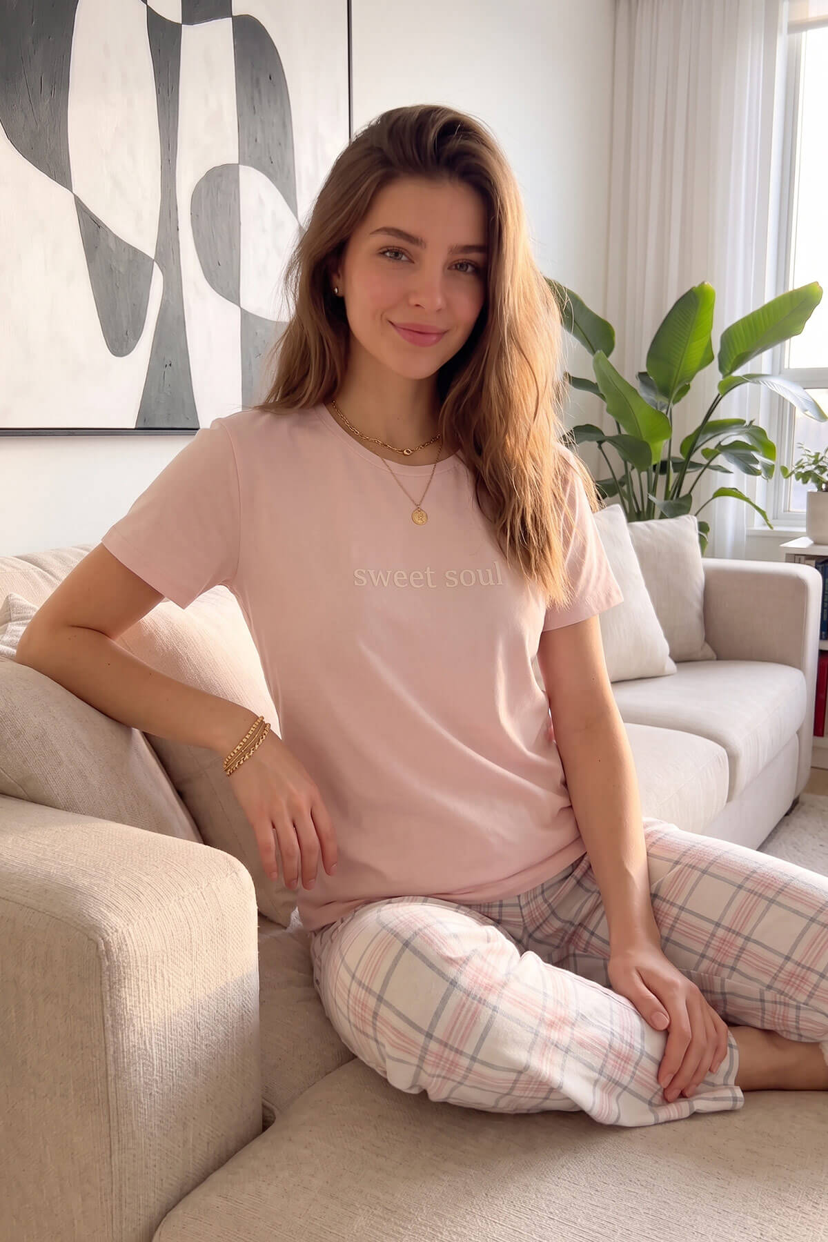 Pudra Sweet Soul Ekose Desenli Kısa Kollu Kadın Pijama Takımı - Pijamaevi (3)