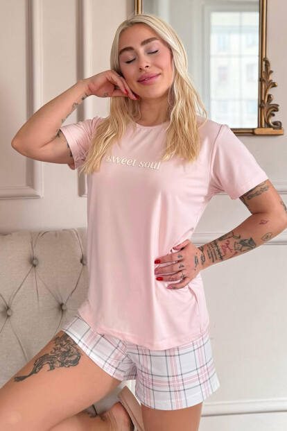 Pudra Sweet Soul Ekose Desenli Kısa Kollu Şortlu Örme Kadın Pijama Takımı - 5
