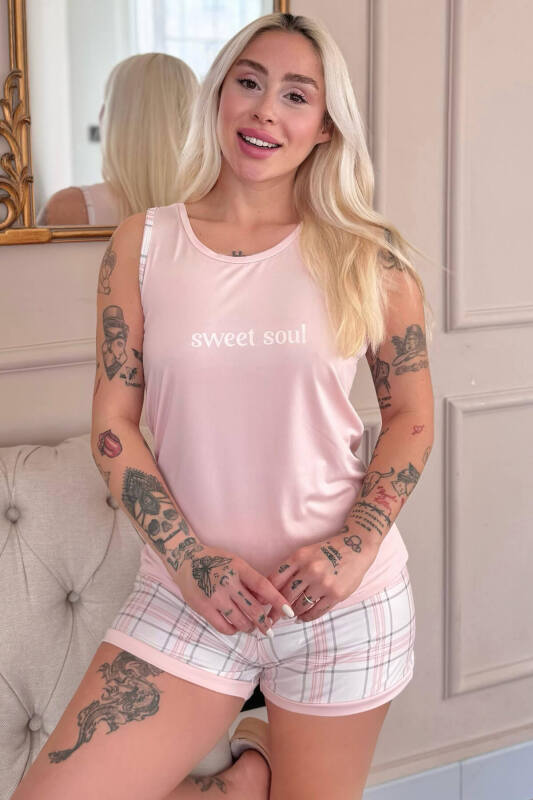 Pudra Sweet Soul Ekose Desenli Sıfır Kol Şortlu Örme Kadın Pijama Takımı - Pijamaevi